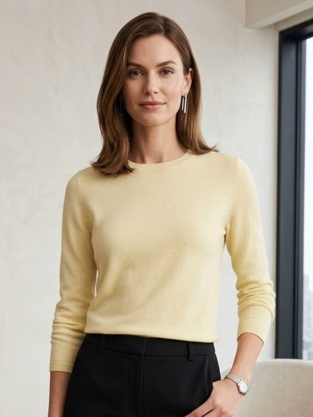 Theory Butter Yellow Wool Crew Neck Sweater Small Fall Autumn Lightweight Cozy
